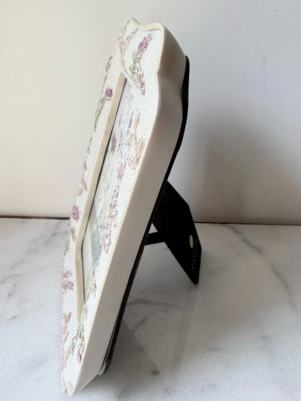 Shabby Chic Cream Frame with Pink and Green Embroidery 4”x6” photo